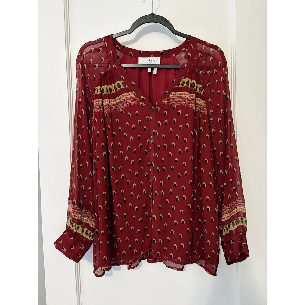 Ba&sh Carmina Blouse Medium US 8 Red Black Dot Sheer Viscose Boho Button Top